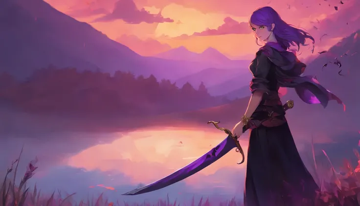 Cinematic,high res,highly detailed image,huge filesize,ultra hd 4k,8k wallpaper ,1 girl,black skirt,black tshirt,long legs,purple hairs,purple eyes,glowing eyes,holding a big purple scythe,purple flames coming out of scythe,perfectly drawn hands