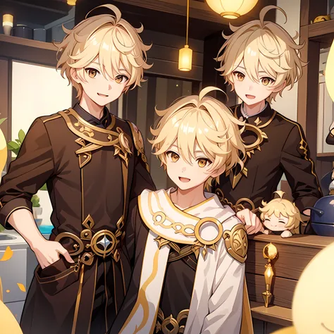 1boys, blonde hair, ahoge, hair between eye, yellow hair, braid，smiling with narrow eyes，frontage，full bodyesbian