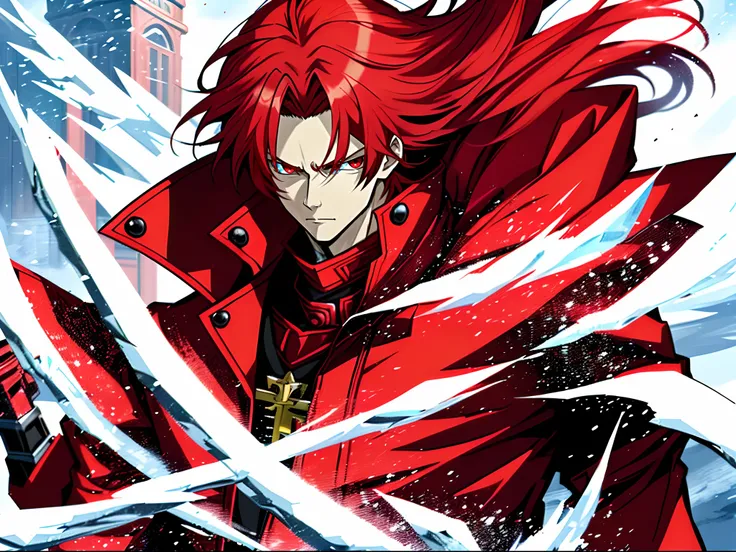 Anime characters with long red hair and red eyes in snowy landscapes, Red Ice Mage,Tall anime guy with red eyes, Key anime art。male anime character,  Detailed key anime art, full portrait of magical knight, Red coat, Has red ice power