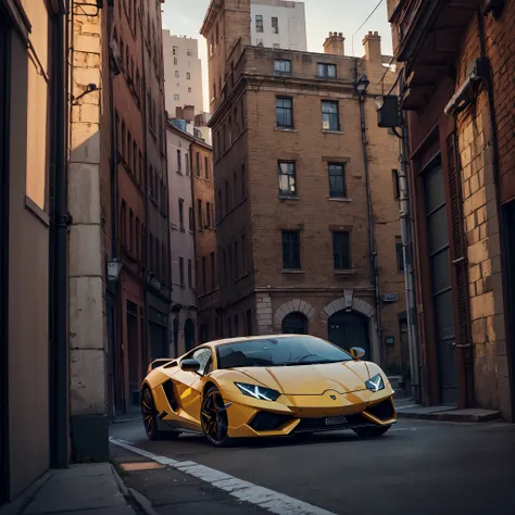 Foto de Lamborghini， 3/4 vista frontal de um， Cyperpunk， Ao ar livre， a noite， The city is beautiful， nmasterpiece， tornar realista， 8k， Altos detalhes， temas escuros, Resolution 1080×1920