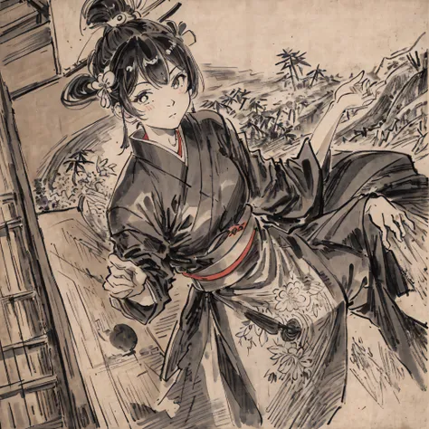 Highest image quality、8K、Draw even the texture of Japanese paper、Black and white woodblock prints in ink。In the early Showa era, she was about 30 years old and a self-respecting woman in a kimono and kappo kimono.。Cooking in an old kitchen。You can also see...