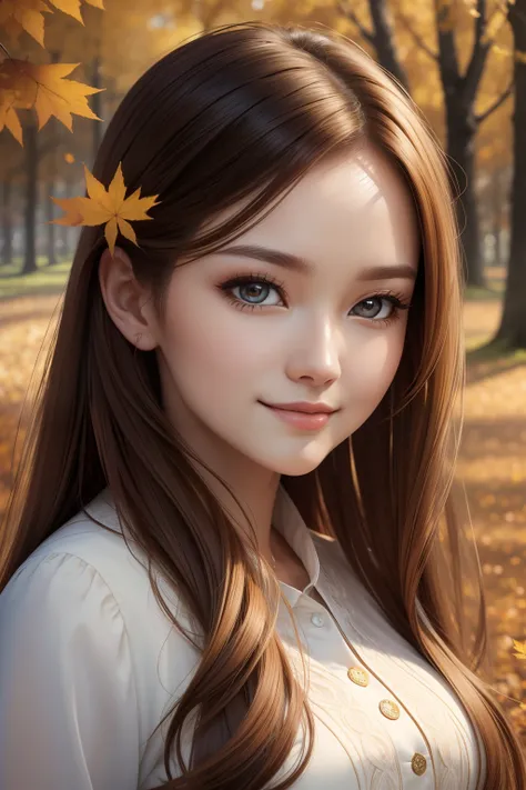 (masterpiece), Best Quality, photorealistic, ultradetailed, finely detailed, high resolution, 1 cute woman, in autumn Park, light-honeyhair, perfect dynamic composition, beautiful detailed eyes, little smiling, autumn environment, close-up portrait