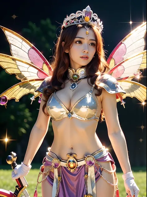 (A smile), Professional , ​masterpiece、top-quality、photos realistic , depth of fields （Gemstone White Metal Body:1.９),(Matte White Pink、Jewel Gold Weapon、（Gorgeous castle background）、（ultimate beauty girl）、（Rainbow fairy wings grow）、Particles of light、（Met...