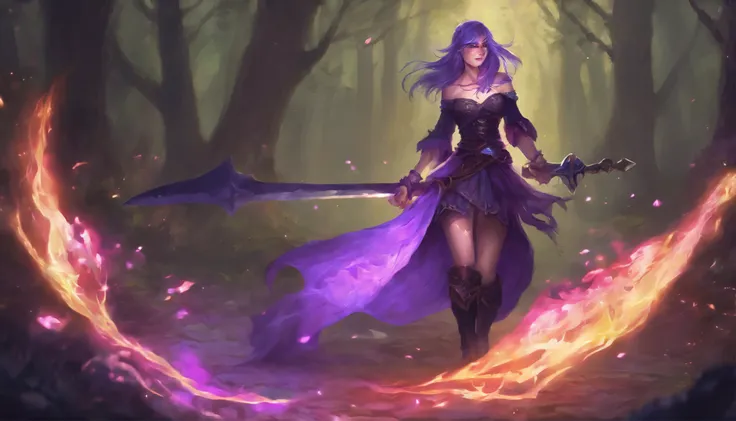 Cinematic,high res,highly detailed image,huge filesize,ultra hd 4k,8k wallpaper ,1 girl,black skirt,black tshirt,long legs,purple hairs,purple eyes,glowing eyes,holding a big purple sword,purple flames coming out of sword ,perfectly drawn hands