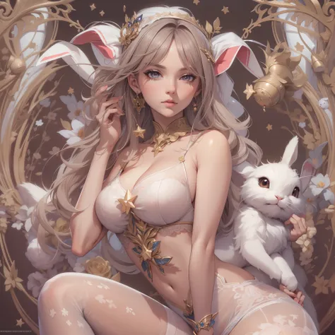 Masterpiece, Highest quality, Detailed face, CharacterDesignSheet，perfectly proportions，full bodyesbian，Full of details, Multiple poses and expressions, Highly detailed,  beautiful goddess woman，Wear a bunny outfit，Star decoration，Lace，lacepantyhose, High ...