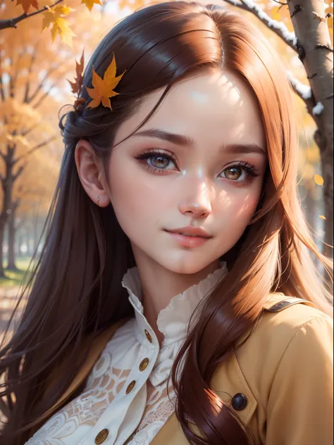 (masterpiece), Best Quality, photorealistic, ultradetailed, finely detailed, high resolution, 1 cute woman, in autumn Park, light-honeyhair, perfect dynamic composition, beautiful detailed eyes, little smiling, autumn environment, close-up portrait