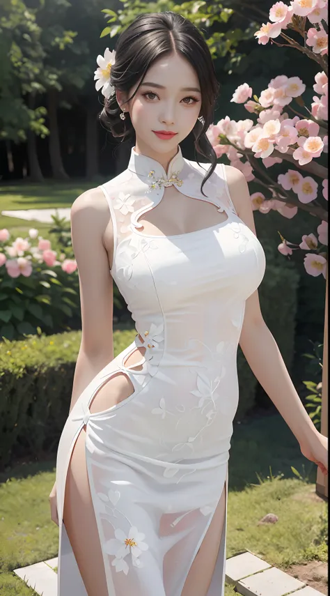 a photo of  a girl in white high slit cheongsam with flower pattern on it,best quality, masterpiece,(realistic:1.2),gigantic breasts,slim waist,wide hips,black hair,smile,in the garden,fair skin,lipstick,bust portrait,big cleavege,raw photo,8k,realistic,hi...