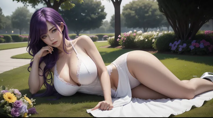 Sweet rain，the original god, Purple colored hair,big breasts beautiful，Raised sexy，long leges，gigantic cleavage breasts,White heels,exteriors,parks,lawns,fresh flowers,