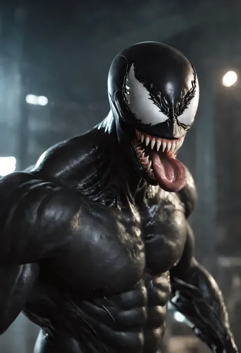 Venom,symbiote,Human perspective,Humanoid robots,Male，Black body,Dripping,Sweat,Wet,Open mouth,Blood basin mouthful，Sharp teeth,Long tongue,There is mucus on the tongue，Muscular male,large pecs，Abs are prone to negative skin,Black and blue body，Sweat，Mucus...