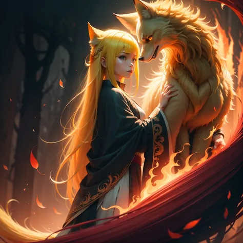 （Very elaborate 8K wallpapers）、looking at the viewers、Girl with yellow hair、Beasts、Red light(:1.7)、the Nine-Tailed Fox