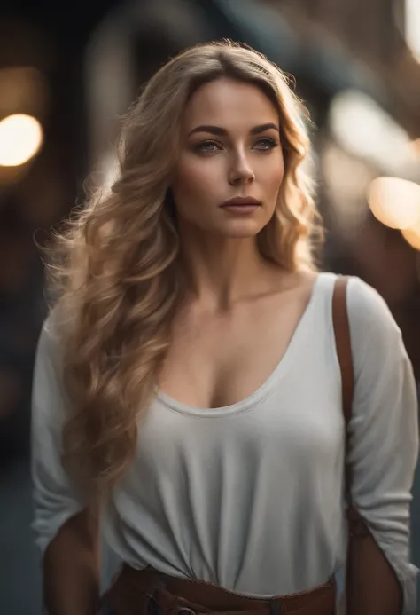 gorgeous woman with extra long wavy blonde hair, detailed alluring eyes, long sexy legs, wearing tiny shorts, t-shirt, ((detailed facial features)), (finely detailed skin), pale skin, realistic skin texture, extreme skin details, (pores:0.1), in the backgr...