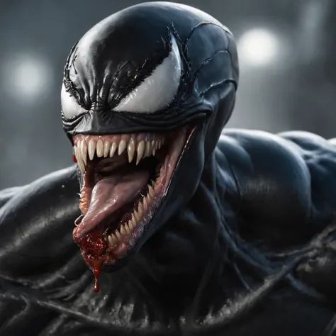 Venom,symbiote,Human perspective,Humanoid robots,Male，Black body,Dripping,Sweat,Wet,Open mouth,Blood basin mouthful，Sharp teeth,Long tongue,There is mucus on the tongue，Muscular male,large pecs，Abs are prone to negative skin,Black and blue body，Sweat，Mucus...