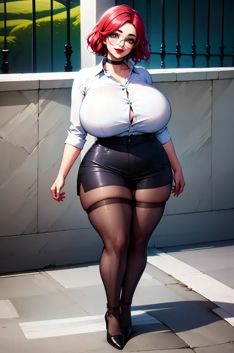 masterpiece, best quality, 1girl, solo, maxine, smile, red lips, white shirt, choker, glasses, standing, victorian dress, black dress, curvy, thick thighs, huge breasts, button gap, full body, long skirt