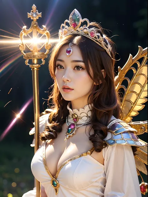 (A smile), Professional , ​masterpiece、top-quality、photos realistic , depth of fields （Gemstone White Metal Body:1.９),(Matte White Pink、Jewel Gold Weapon、（Gorgeous castle background）、（ultimate beauty girl）、（Rainbow fairy wings grow）、Particles of light、（Met...