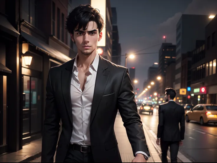 Realistic 8k image of a slim 25-year-old man, with short black hair, wearing a black blazer with a white blouse underneath, tense expression, walking on a busy night street