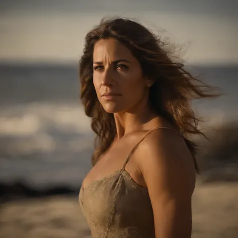 Photograph of an amazing girl, DE PIE QUE SE VEA TODO EL CUERPO Llevar un top escotado, (((busto muy pesado))), cabello ondulado, sentado sobre rocas, junto a la playa, gaze at the camera, eyes symmetrical, face symmetrical, fotorrealista, Cinematographer,...