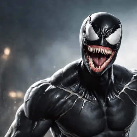 Venom,symbiote,Human perspective,Humanoid robots,Male，Black body,Dripping,Sweat,Wet,Open mouth,Blood basin mouthful，Sharp teeth,Long tongue,There is mucus on the tongue，Muscular male,large pecs，Abs are prone to negative skin,Black and blue body，Sweat，Mucus...