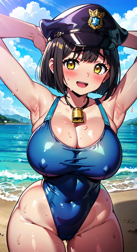 (Perfect body),Best Quality,(8K Portrait),(Official art)、(Police Hat)、embarrassed from、(:D)、(((blush))),(Sweat),((((large udder))))、((((Big ass))))、(Dark hair),((bob cuts)), blush,Short hair, (Yellow eyes),(((thick thighs)))、(((Blue High Leg Swimsuit)))、Ar...