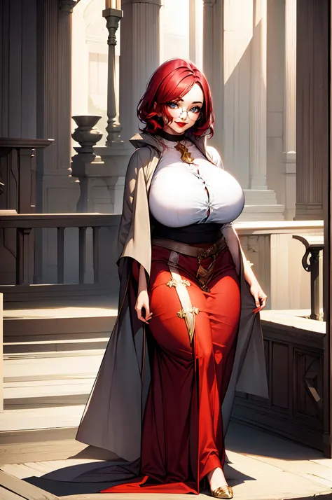 masterpiece, best quality, 1girl, solo, maxine, smile, red lips, , glasses, standing,, curvy, thick thighs, huge breasts, , full body, priestess,woman-medieval-clothes, large skirt