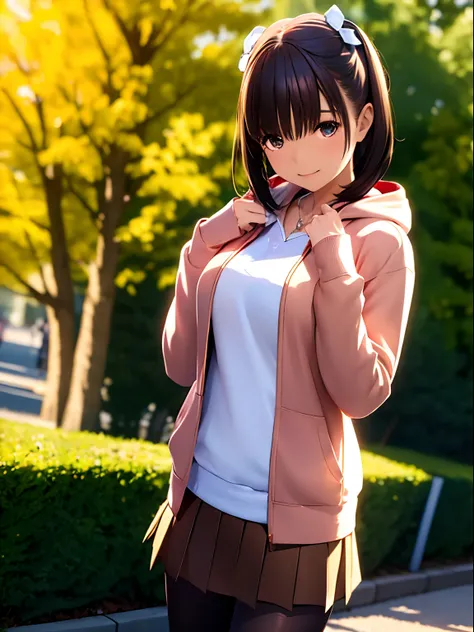 hight resolution,8K,Best Quality,detaileds,semi - realistic anime,Anime 3D Style,Smooth Anime CG,1 girl in,20 year old woman in Japan,slim,modeled,shiny chestnut hair,Medium Hair,Detailed face,Beautiful and detailed eyes,Glowing skin,((Oversized red hoodie...