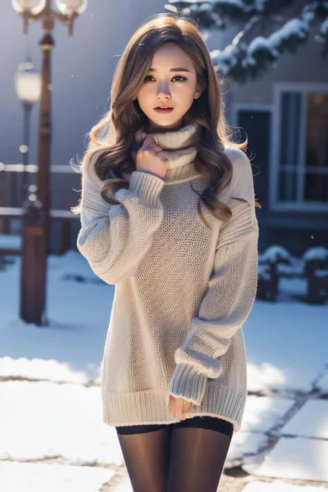 winters，snow landscape，beautiful teenage girl，lacepantyhose，random color，long sweater，围巾，depth of fields，real light，ray traching...