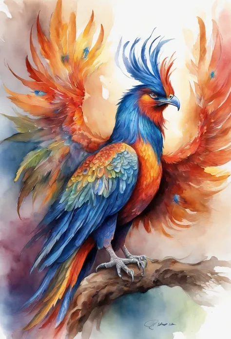 Best Quality, colourfull、Gorgeous watercolor painting of a phoenix, Intricately detailed, (Best Shadow), Elegant, Volumetric lighting、No background