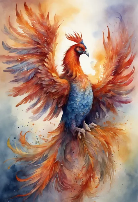 Best Quality, colourfull、Gorgeous watercolor painting of a phoenix, Intricately detailed, (Best Shadow), Elegant, Volumetric lighting、No background