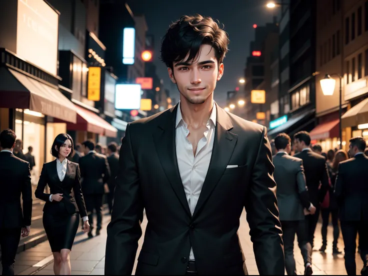 Realistic 8K image of a slim 25-year-old man, with short black hair, wearing a black blazer with a white blouse underneath, triumphant smile, walking on a busy night street