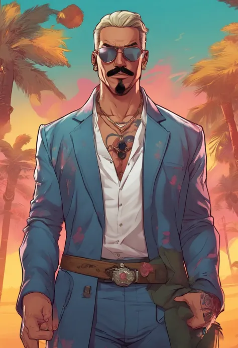 （High dynamic range）Adult males、bule、silber hair、[[a necklace、mustache、piercings]]、（ultra-detailliert）Matrix Sunglasses、Black hat、white t-shirts、Cartoon in a black suit、Wind Illustration, cartoon artstyle, cartoon artstyle, in digital illustration style, h...