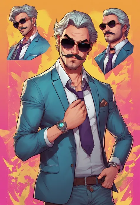 （High dynamic range）Adult males、bule、silber hair、[[a necklace、mustache、piercings]]、（ultra-detailliert）Matrix Sunglasses、Black hat、white t-shirts、Cartoon in a black suit、Wind Illustration, cartoon artstyle, cartoon artstyle, in digital illustration style, h...