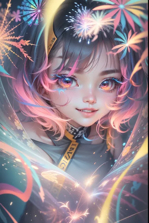 (Fireworks display seen from space)),Fireworks are the main ingredient，A fireworks display beyond imagination，innocent smiles、eye glass、Never seen it、Seven colors,(1girl in, Solo:1.6),(Cute smile),(The clothes are simple), (Best Impact:1.5), (Maximalism:1....