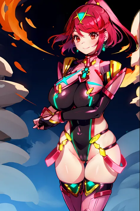 pyra (xenoblade), teen_1girl, loli, bangs, black gloves, breasts, red eyes, shout, earrings, eyelashes, fingerless gloves, floating hair, , gem, gloves, hair ornament, headpiece, jewelry, big_breasts, leaning back, swimsuit, neon trim, official art, pose, ...