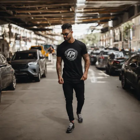 Fotografia de um homem de cabelos pretos curtos, youtuber, wearing a superhero t-shirt, com cavanhaque, oculos, olhos pretos, Tattoos on the arm, gamer, look-at-camera, symmetric eyes, simetrical face, Foto realista, Cineasta, Rastreamento de rotas, specul...