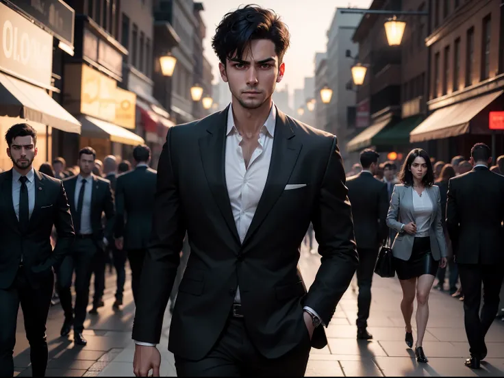 Realistic 8k image of a slim 25-year-old man, with short black hair, wearing a black blazer with a white blouse underneath, tense expression, walking on a busy night street