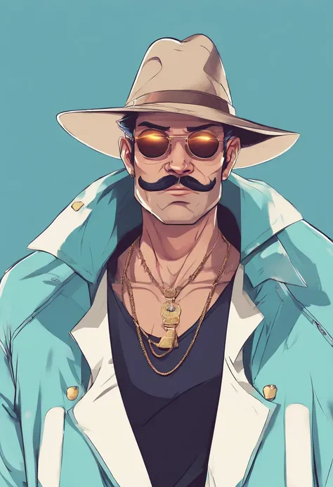 ((High dynamic range))Adult males、bule、Hair color、argent、[[a necklace]]、[[mustache]]、[[piercings]]、((ultra-detailliert))Black sunglasses、Black hat、white t-shirts、Cartoon in a black suit、Wind Illustration, cartoon artstyle, cartoon artstyle, in digital illu...