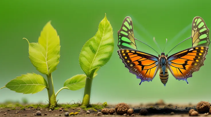 Imagine a powerful image that captures transformation and hope. An image showing a newly hatched butterfly in contrast to a caterpillar, symbolizing change and overcoming. As asas da borboleta devem brilhar com cores vibrantes, while the caterpillar is in ...