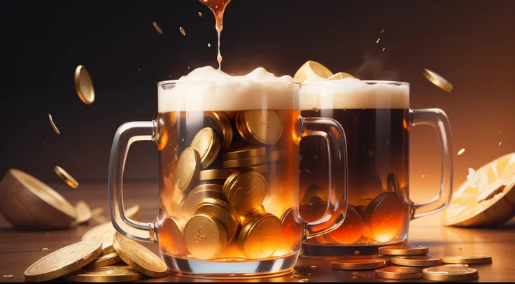 banner for twitch, liquid with beer texture, with coins falling into the liquid