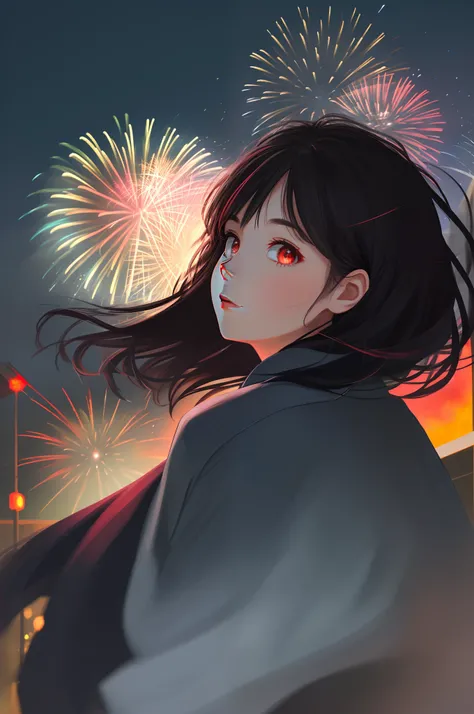 1girll，sideface，Sideways， Expose the whole body，Nice face，red pupils，Gray-black hair，Fireworks in bloom，Colorful fireworks，fire works，daysies，Floating in the sky，brightly，cheerfulness，Warm and soft lighting，early evening，Blue，light cloud，Bar cloud