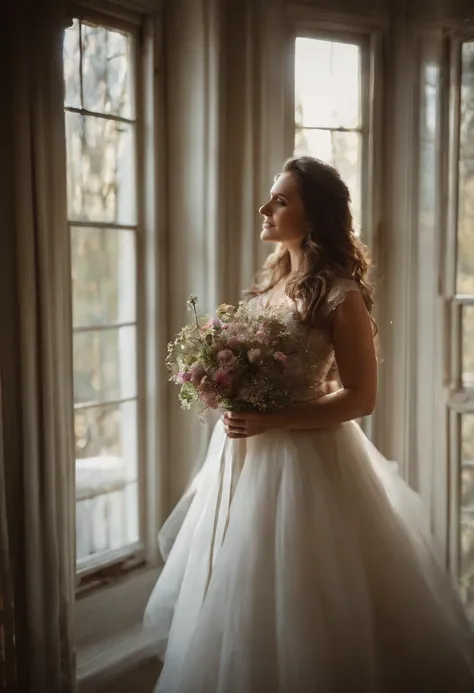 A handsome man stands from below to give flowers to a beautiful woman with long hair sitting on the windowsill, Long flowing silk texture dress fabric, Clear and blissful faces, details, ultra-realistic photos, 8kUHD DSLR camera, sunny garden, high quality...