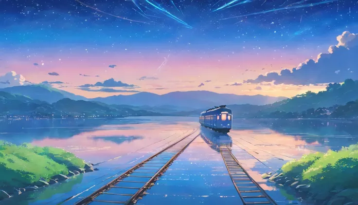 High quality masterpiece ，scenecy，Anime train passing through bodies of water on tracks， Glittering starry sky。Romantic train，Pisif，concept-art，Lofi art style，Reflectors。 By Makoto Shinkai, Lofi art, beautiful anime scenes, Anime landscapes, Detailed scene...