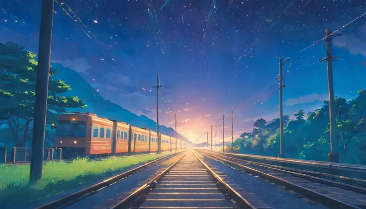 High quality masterpiece ，scenecy，Anime train passing through bodies of water on tracks， Glittering starry sky。Romantic train，Pisif，concept-art，Lofi art style，Reflectors。 By Makoto Shinkai, Lofi art, beautiful anime scenes, Anime landscapes, Detailed scene...