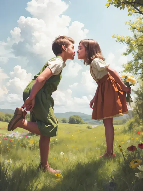 painting of a boy and girl kissing in a field of flowers, peasant boy and girl first kiss, ( art fitzpatrick ), boy girl traditi...