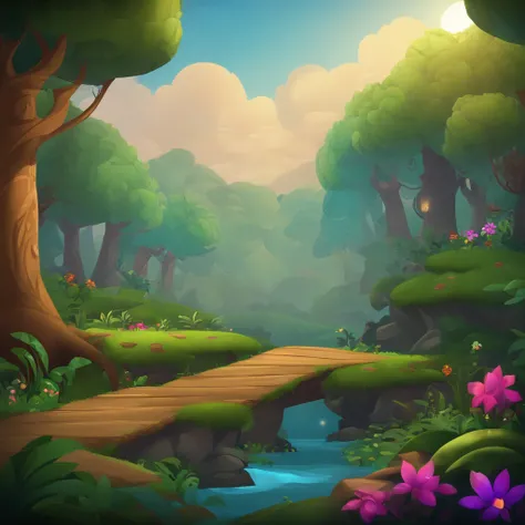 plataforma de jogo 2d, magical forest background, video game scenario