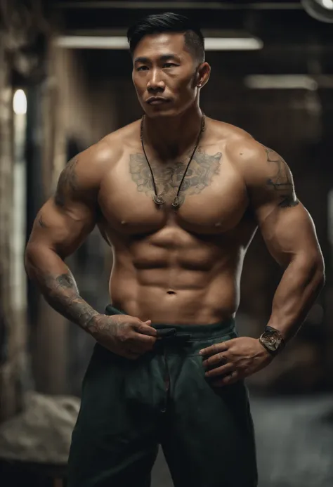 A high-definition, 8K, hyperrealistic portrait of a handsome Chinese man with tattoos, well-defined muscles, exquisite facial features, fully but wearing underwear and sneakers. The background is filled with vibrant and colorful tattoos. Use the style of a...