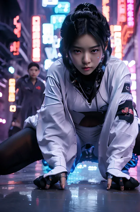 CG masterpiece, 3D Chinese girl, angelic face, techno-cool style, dressed in cyberpunk mixed with Chinese style clothing, crouching on the ground, tense image, dynamic poses, stunning colors, super wide angle lens, 3D rendered headshot, cinematic, photorea...