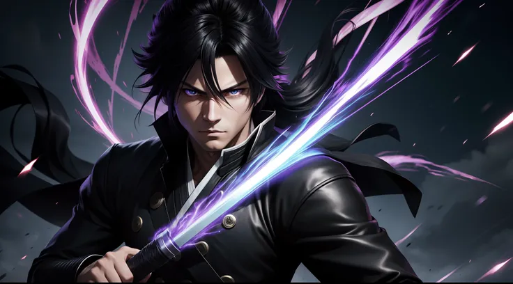 epic anime style, purple lightning, evil temperament, 20 years old male shadow assassin, black aura shine, shadow supervisor, handsome face, brilliant and majestic. Beautiful standard body and complete body structure. full body shot of a man with lightning...