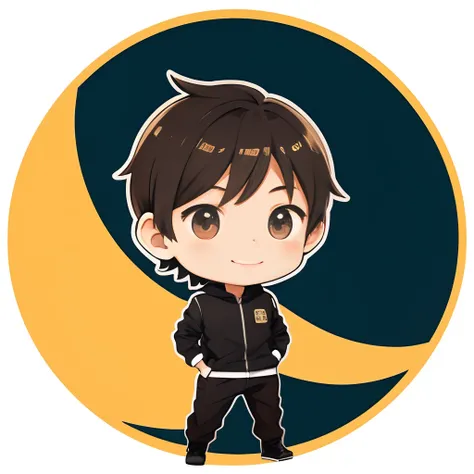 1 boy, Chibi, smile, brown hair, full body, comic strip, round background, a sticker, Thick black outline