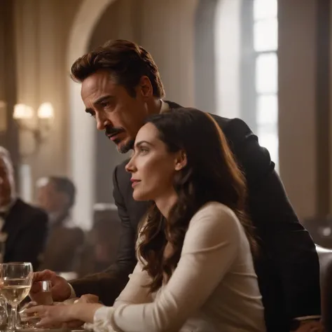 iron man with wonder woman dating in a fine restaurant, dcu and Mcu crossover. robert downey jr, gal gadot