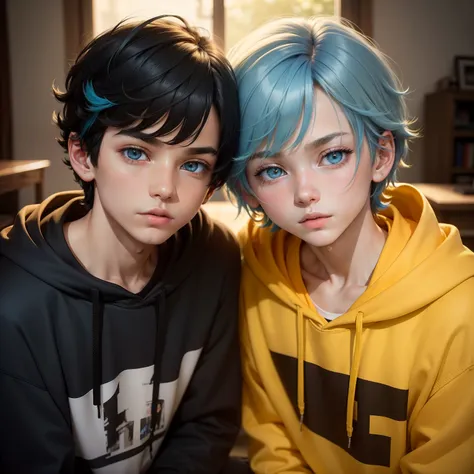 1 boy,Beautiful Boys,12year old,An ultra-high picture quality,​masterpiece,masutepiece,Bob Hair,Straight hair,Cut your bangs,(Blue and black two-tone hair 1.2),(Eye color is yellow 1.2),Realistic,cute  face,wearing hoodies