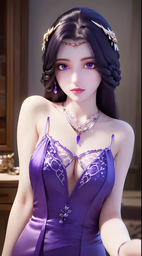 A beautiful sexy 20 year old girl, ((wearing a silk camisole and a very thin and sexy antique dress:1.8)), Extremely voluptuous girl in a small camisole, long hair and purple bangs, most beautiful and detailed hair jewelry, ((wearing a light purple lace ne...